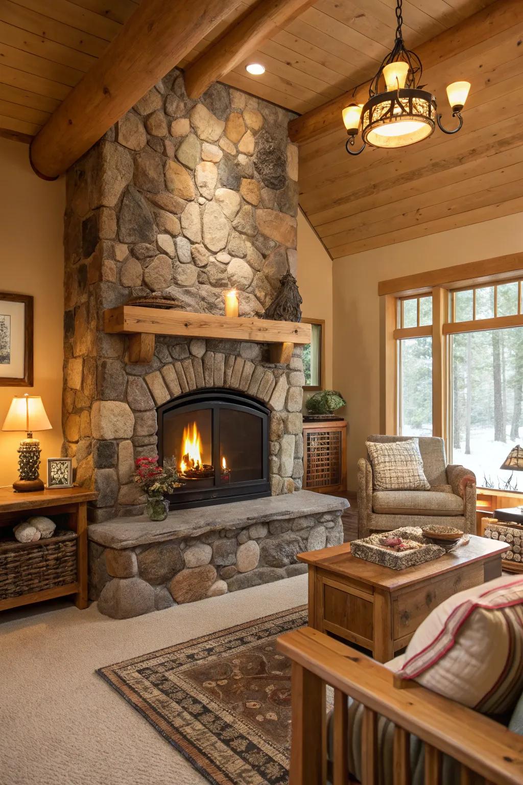 A country-style living space showcasing a stone-encased propane fireplace.