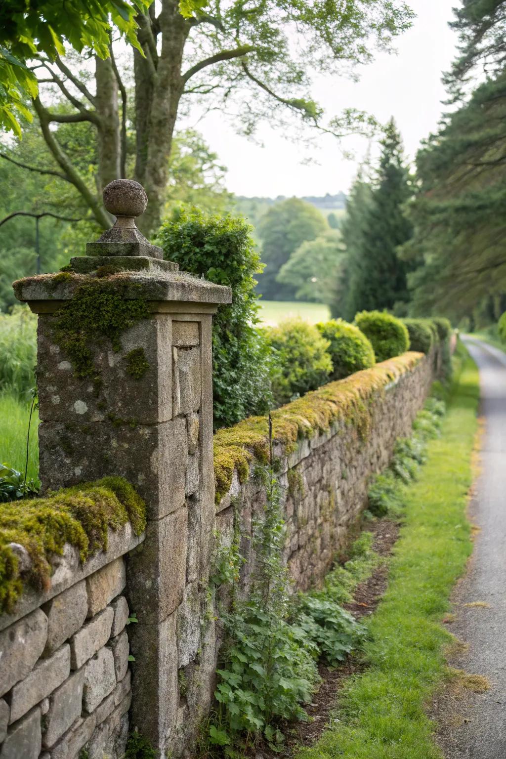 A steadfast stone wall giving a traditional aesthetic to the boundary line.