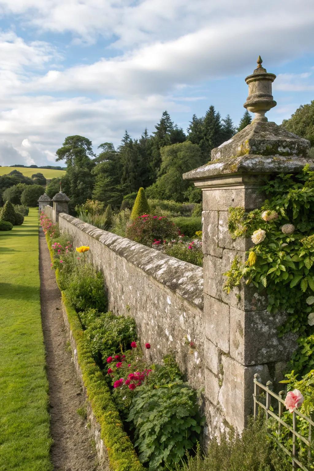 A rustic stone wall defining property lines.