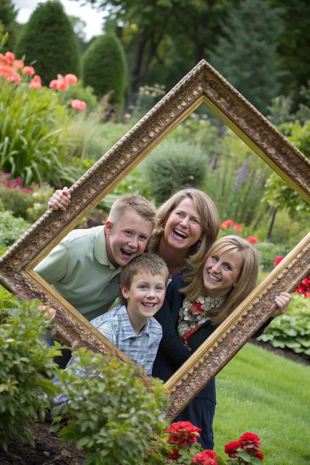 Incorporate a playful element using a large frame to make your family photo truly unique.