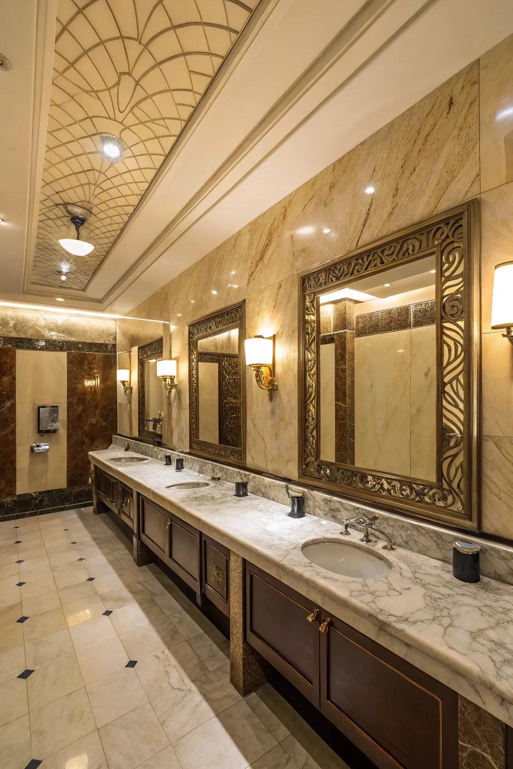 Upscale accents in a public restroom offer an air of sophistication.
