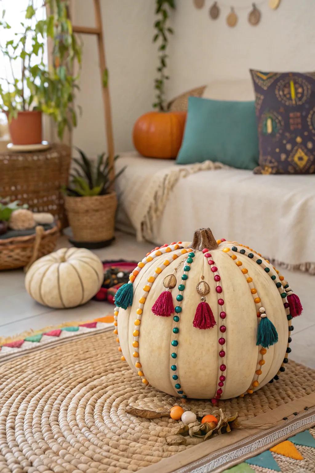 Boho beaded pumpkins introduce a whimsical touch.