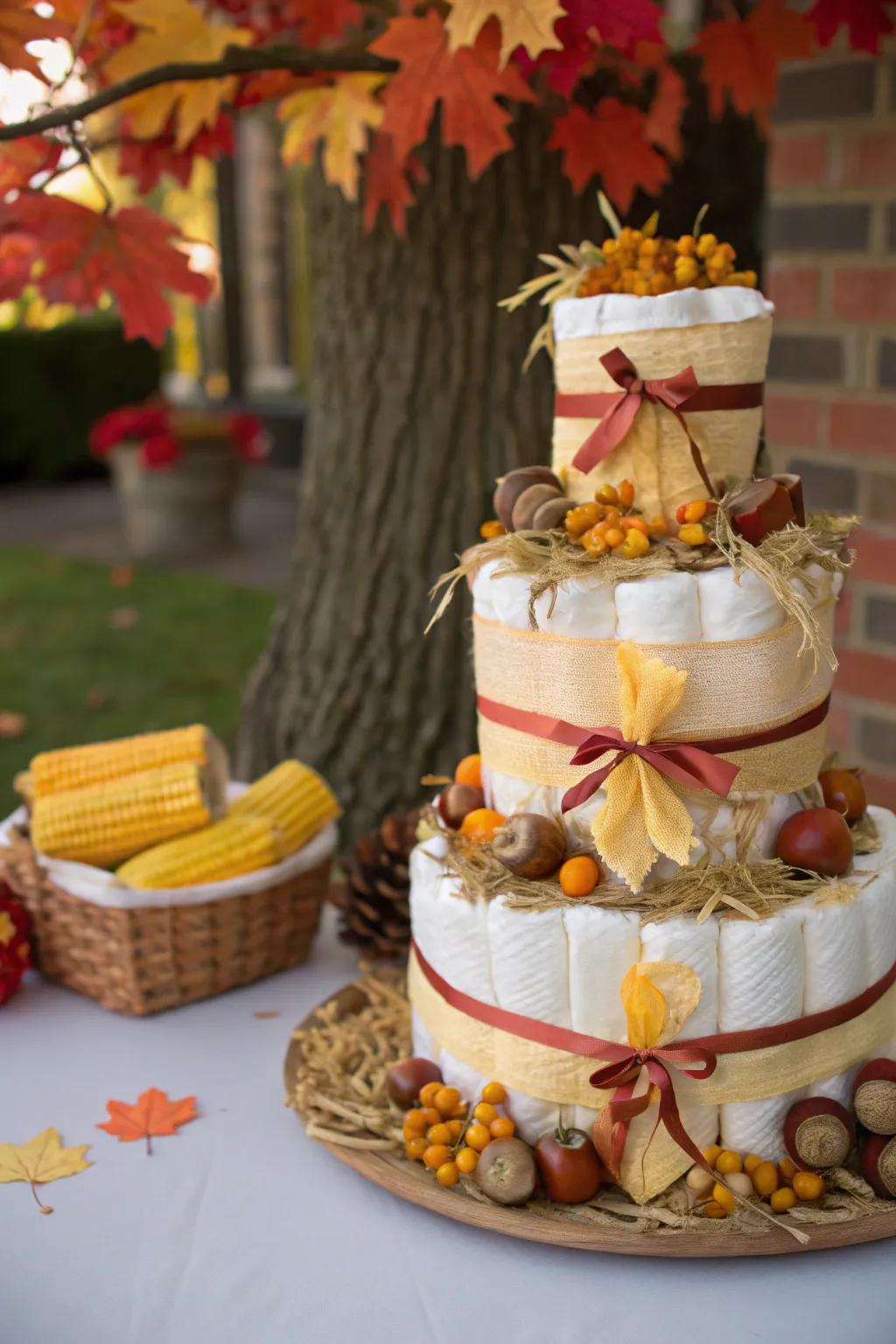 An autumn harvest diaper cake radiates warmth and celebration.
