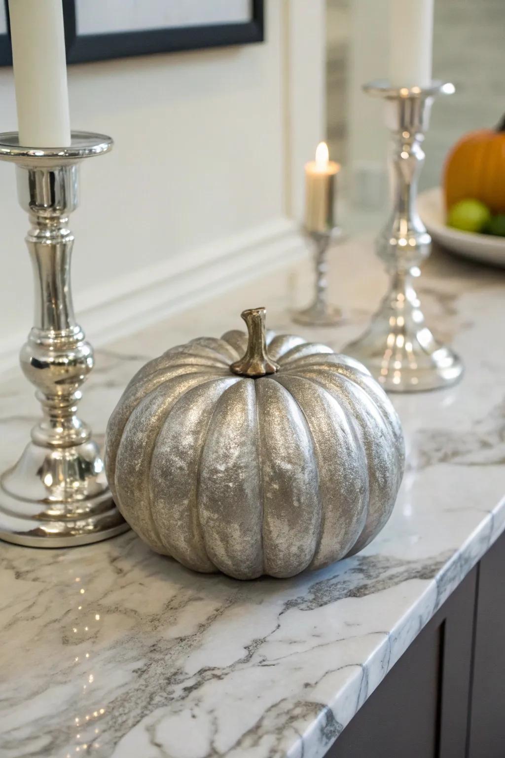 Enhance your decor with stylish pumpkins painted in metallic shades.