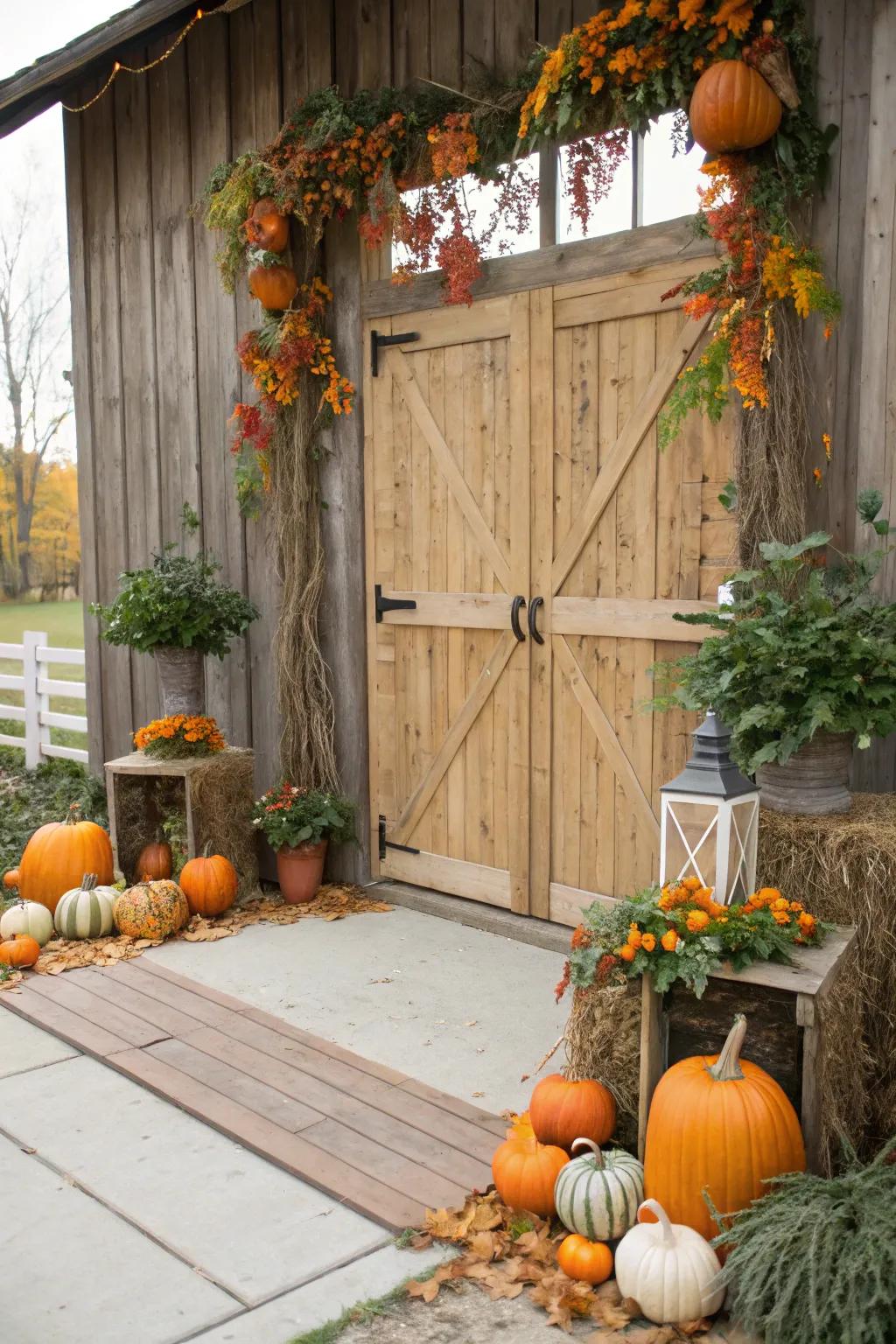 A rustic stable backdrop enhanced with squashes and foliage.
