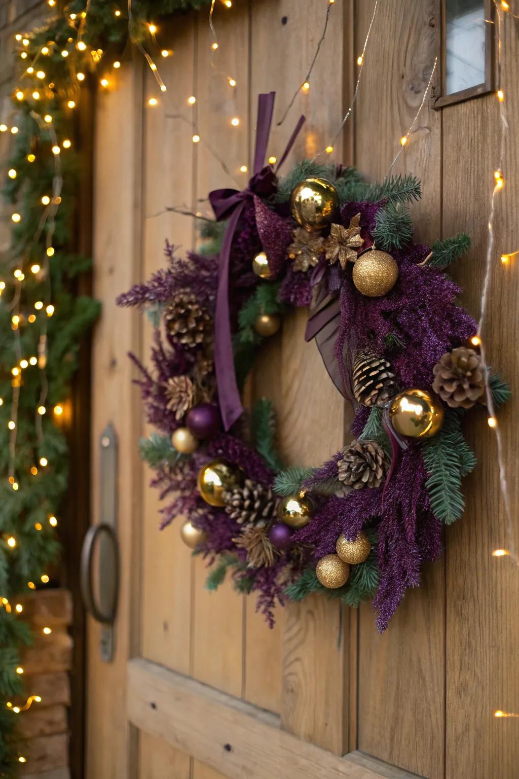 Deep violet and gold create a glamorous holiday centerpiece.