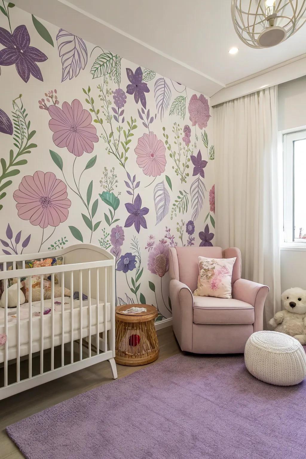 Botanical wall designs in violet introduce an element of whimsy to the nursery.