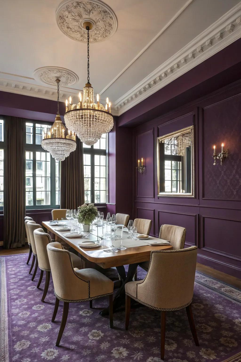 An elegant dining space with deep purple walls setting a regal tone.