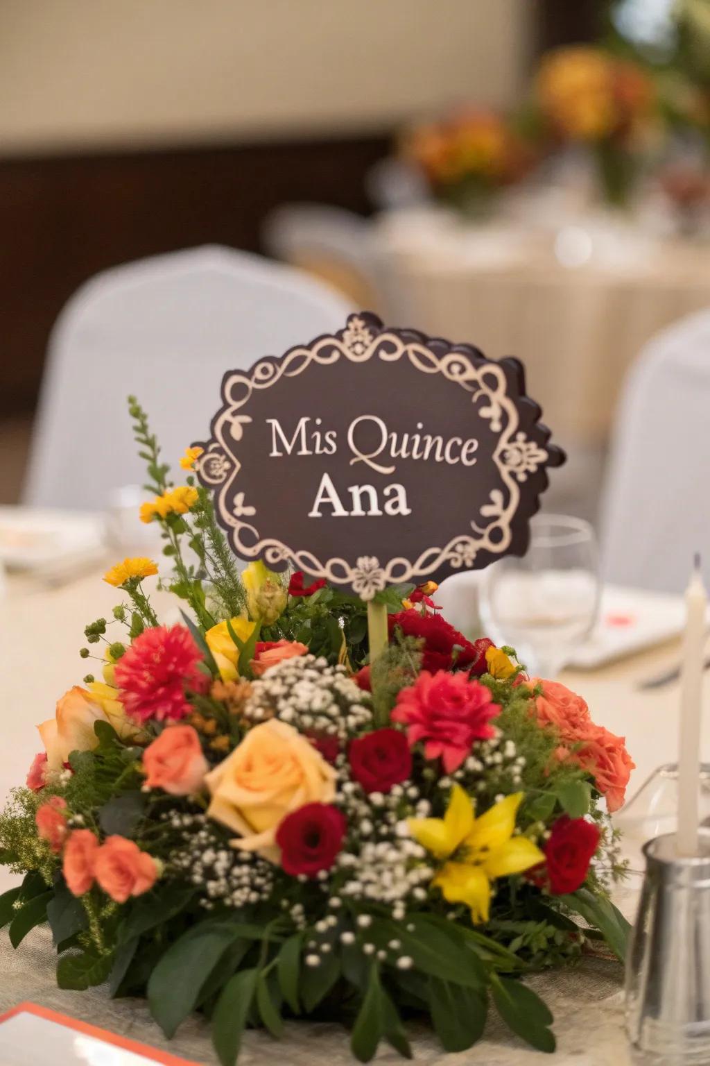 Personalized name signs add a bespoke element to your centerpiece.