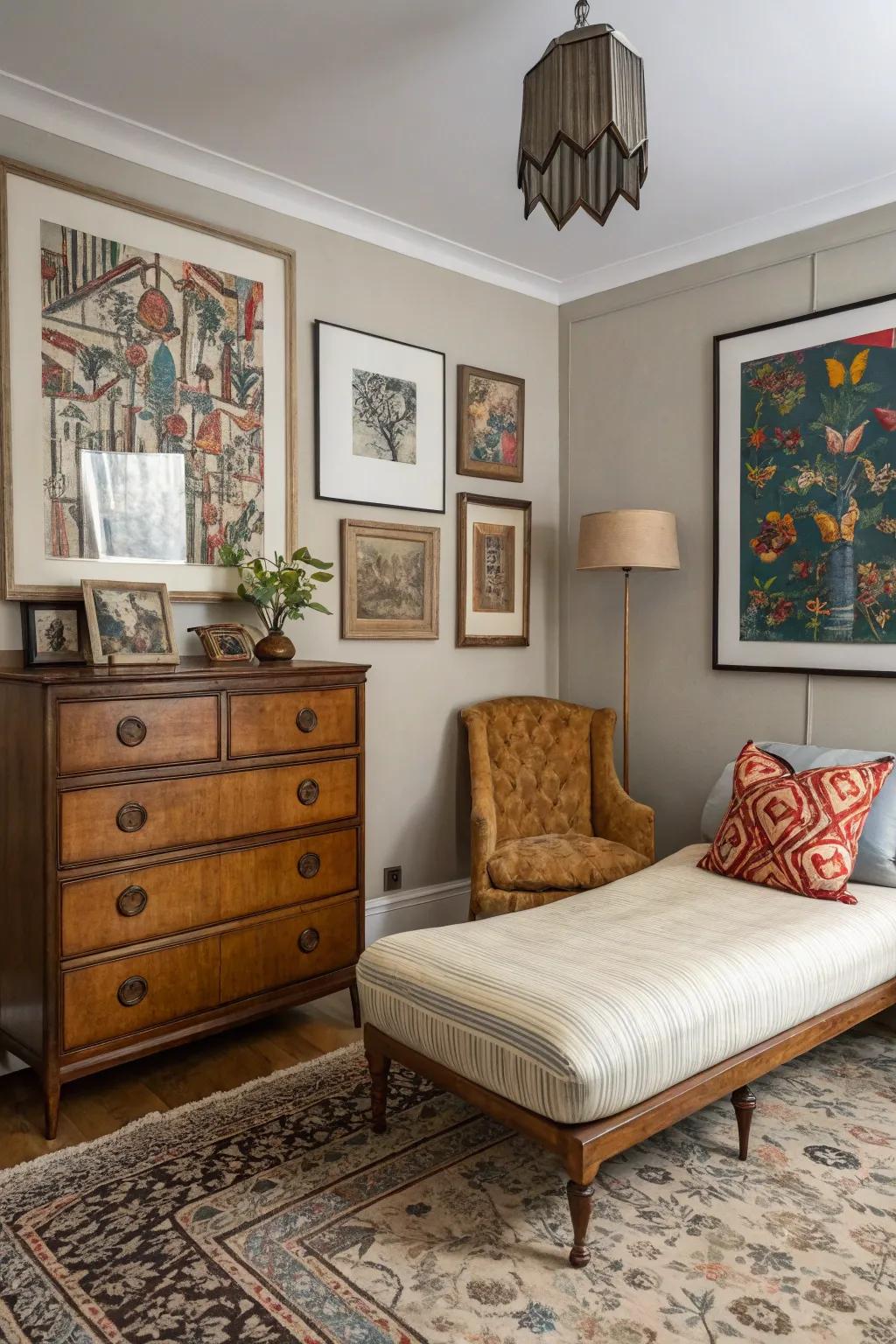 A variety-filled bedroom showcasing vintage appeal combined with a modern touch.