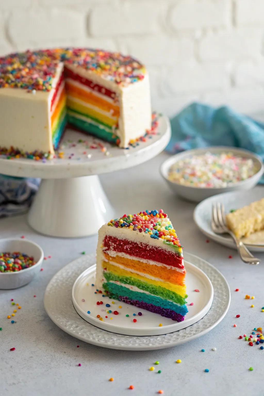 A scrumptious tiered spectrum cake, adorned with dynamic layers and sugar crystals.