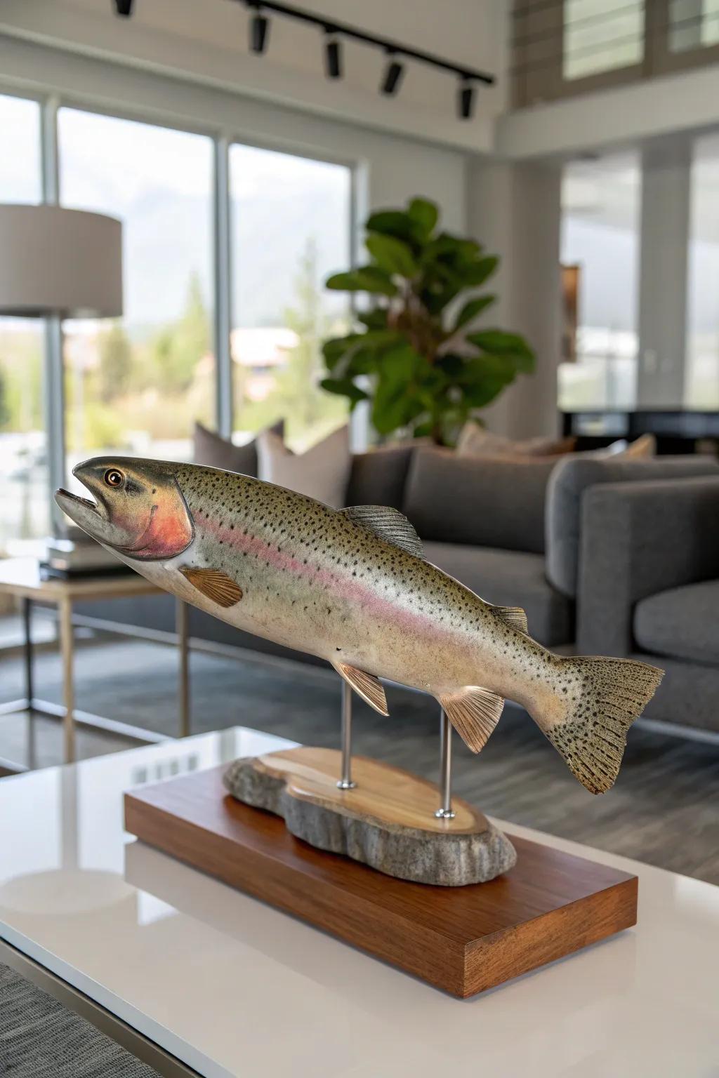 A polished wooden base elevates the refined display of a rainbow trout mount.