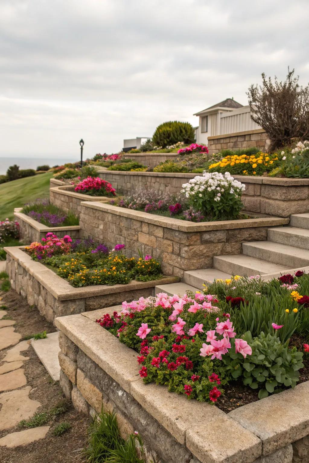 Multi-level stone beds serve as a striking center of attention.