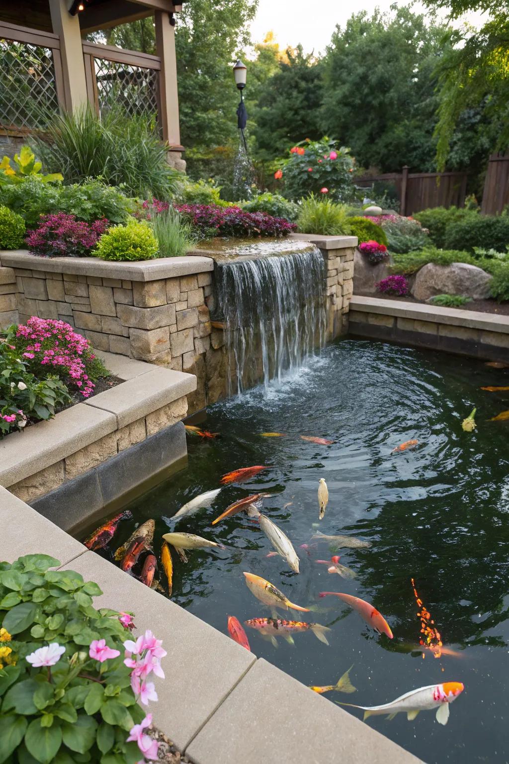 A raised koi pond complemented by a breathtaking waterfall.