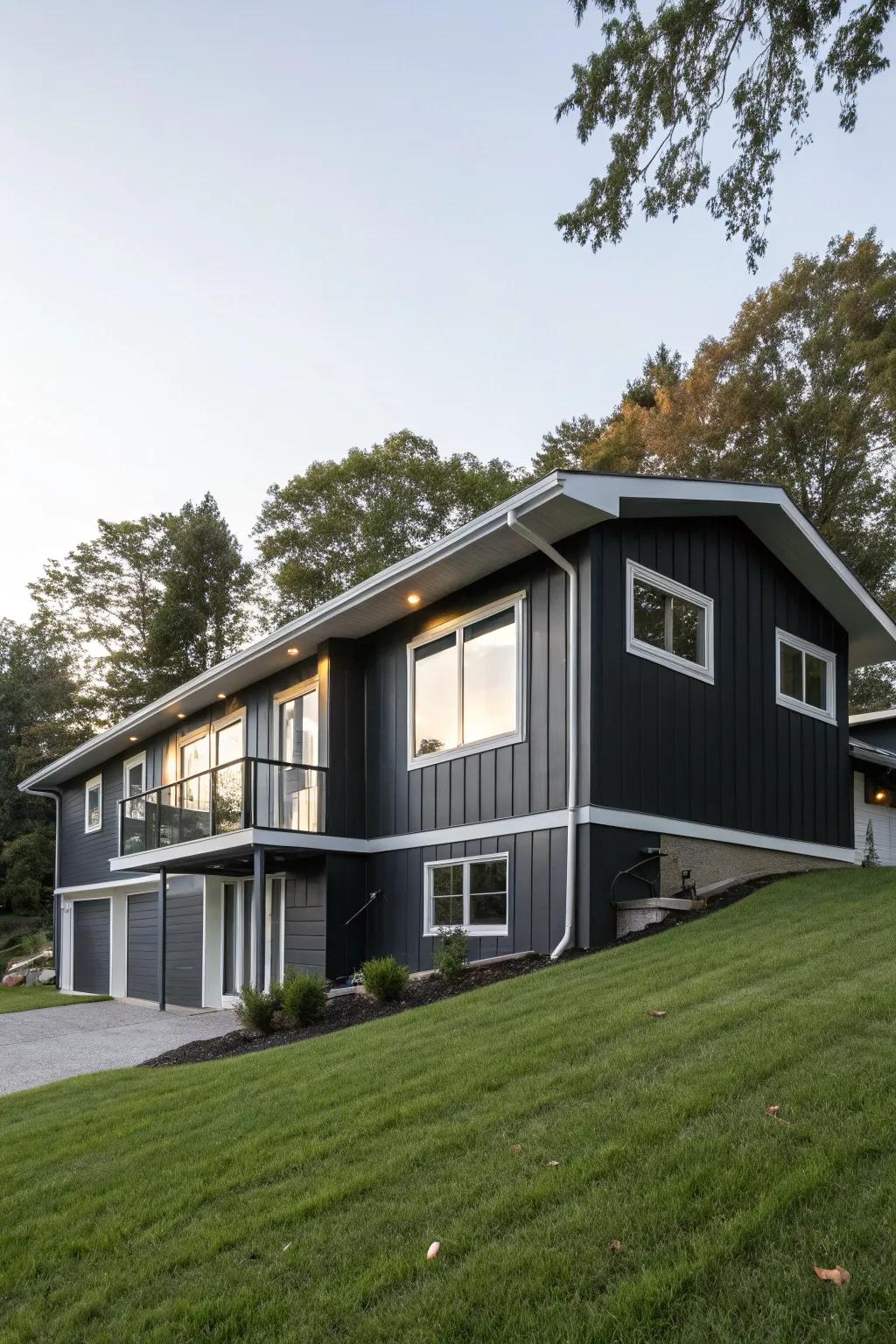 A modern raised ranch boasting a remarkable grayish-black and bright white exterior color scheme.
