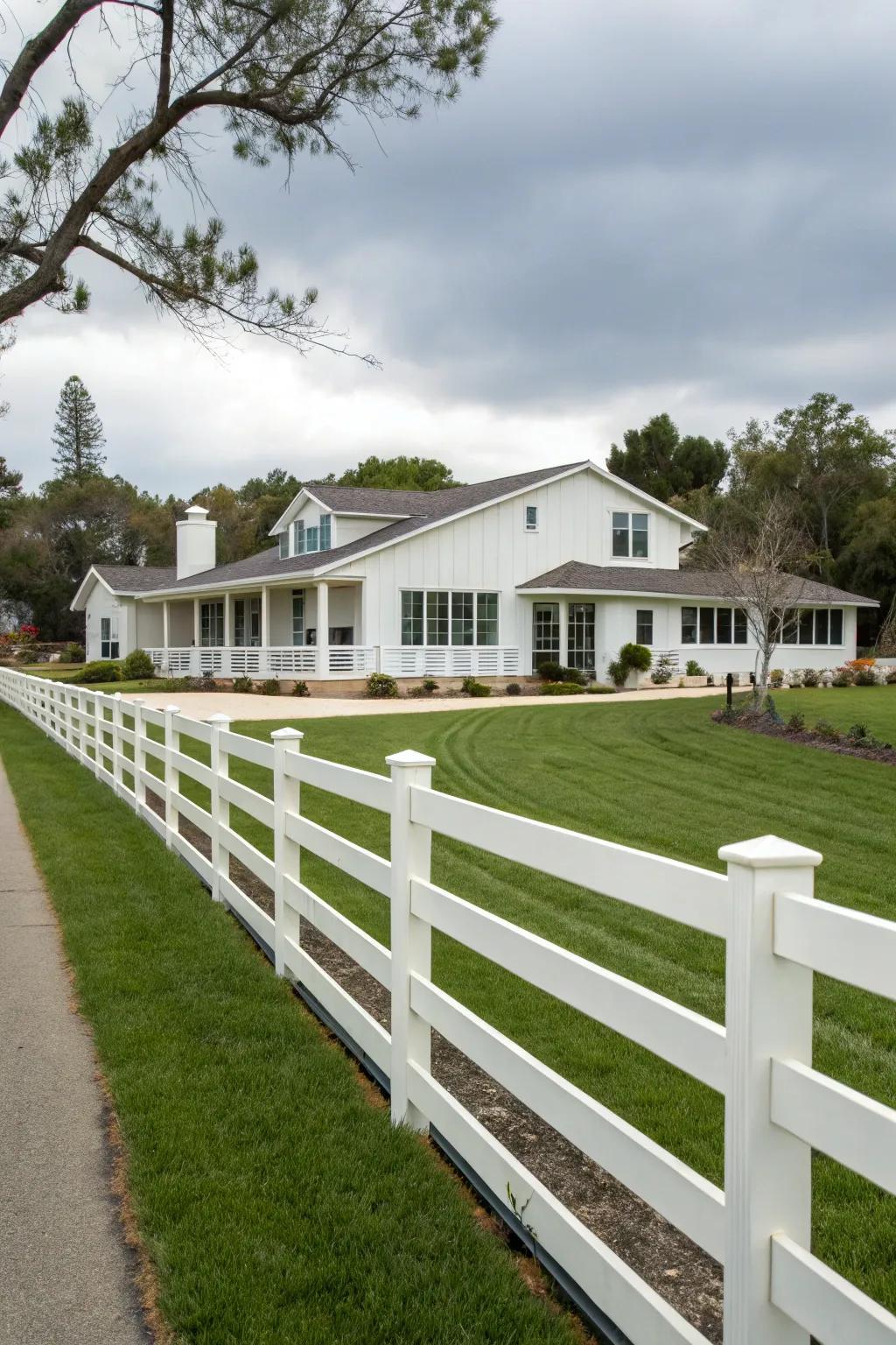A polished vinyl fence enhances a contemporary ranch estate.
