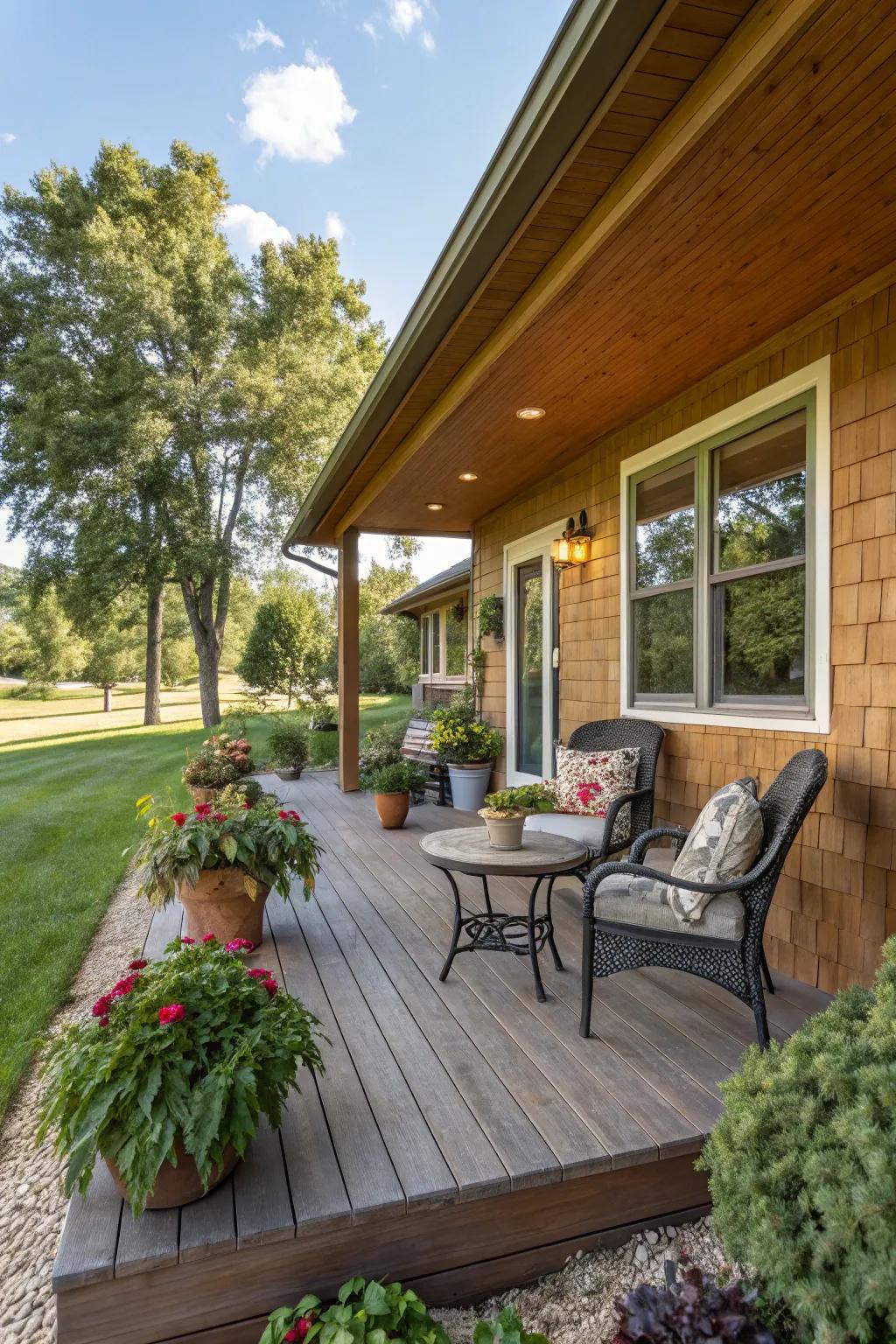 A welcoming front porch with natural wood and cozy seating.