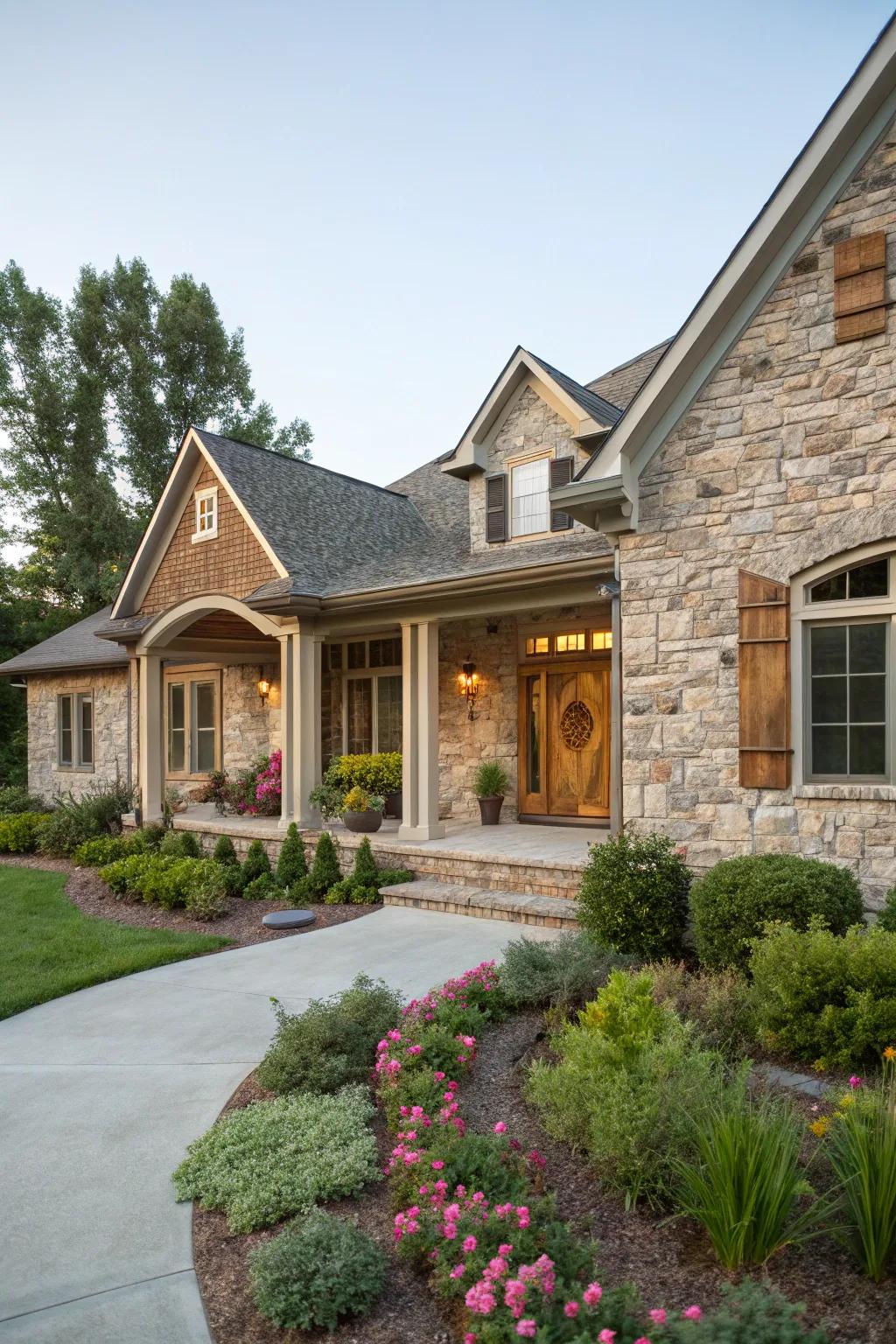 Stone veneer transforms this ranch house into a majestic home.