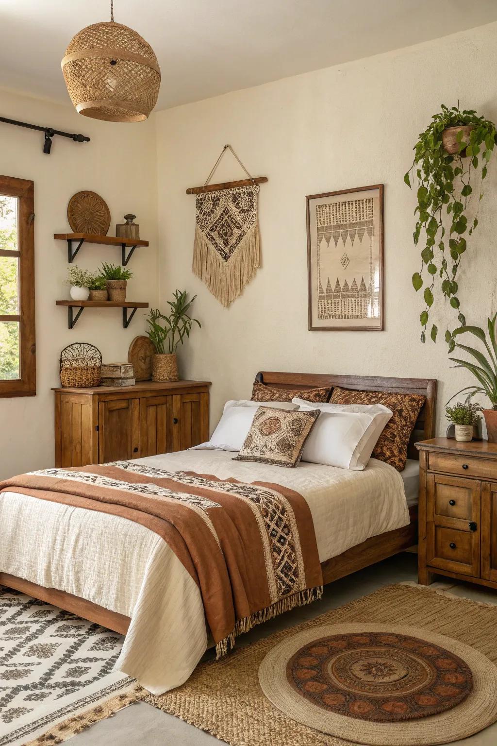 A bedroom adorned with earthy shades of browns and creams, resulting in a welcoming ambiance.