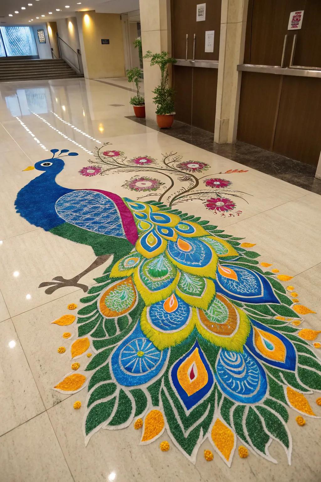 The splendid peacock design takes center stage in this stunning rangoli.
