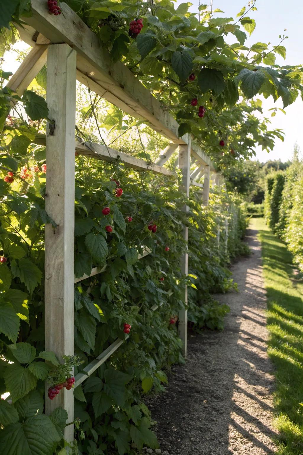 An H-shaped trellis offering robust support for raspberry plants.