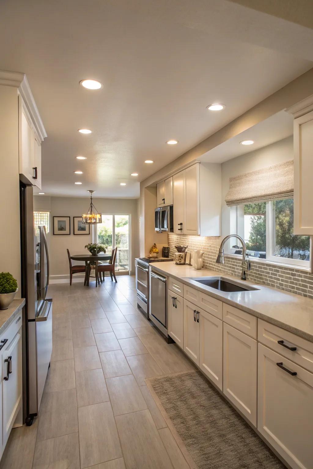 Downlights contribute to the open concept of a compact kitchen.