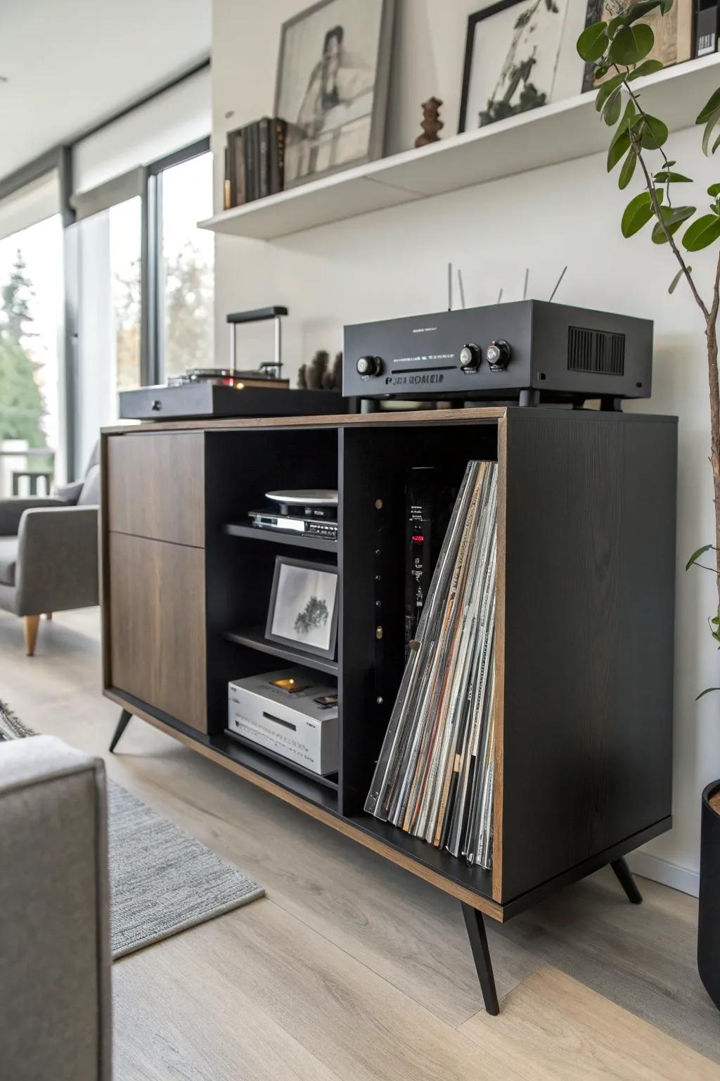 Integrated storage solutions ensure your vinyl is organized and readily available.