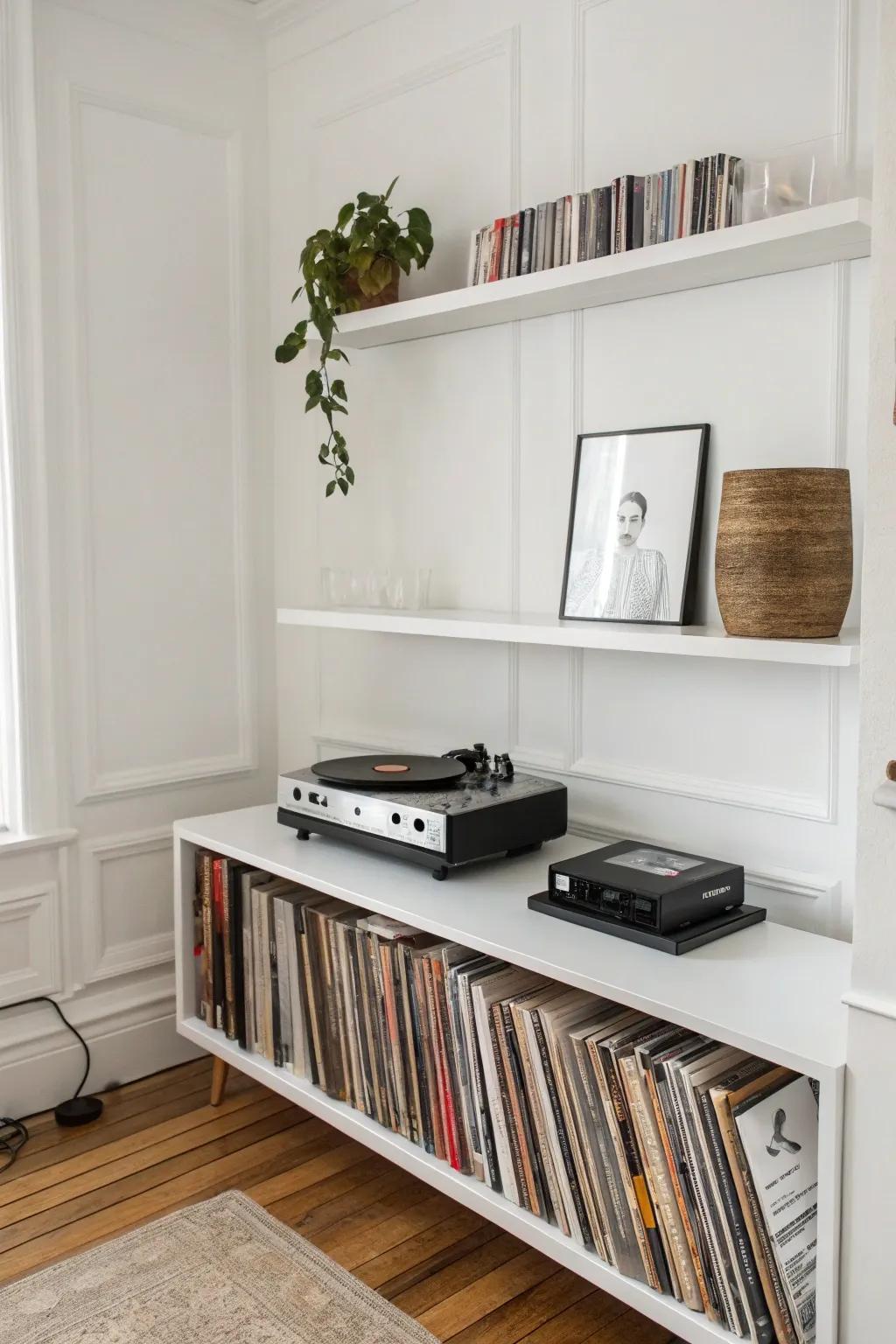 Simple floating shelf space designed for a record player.
