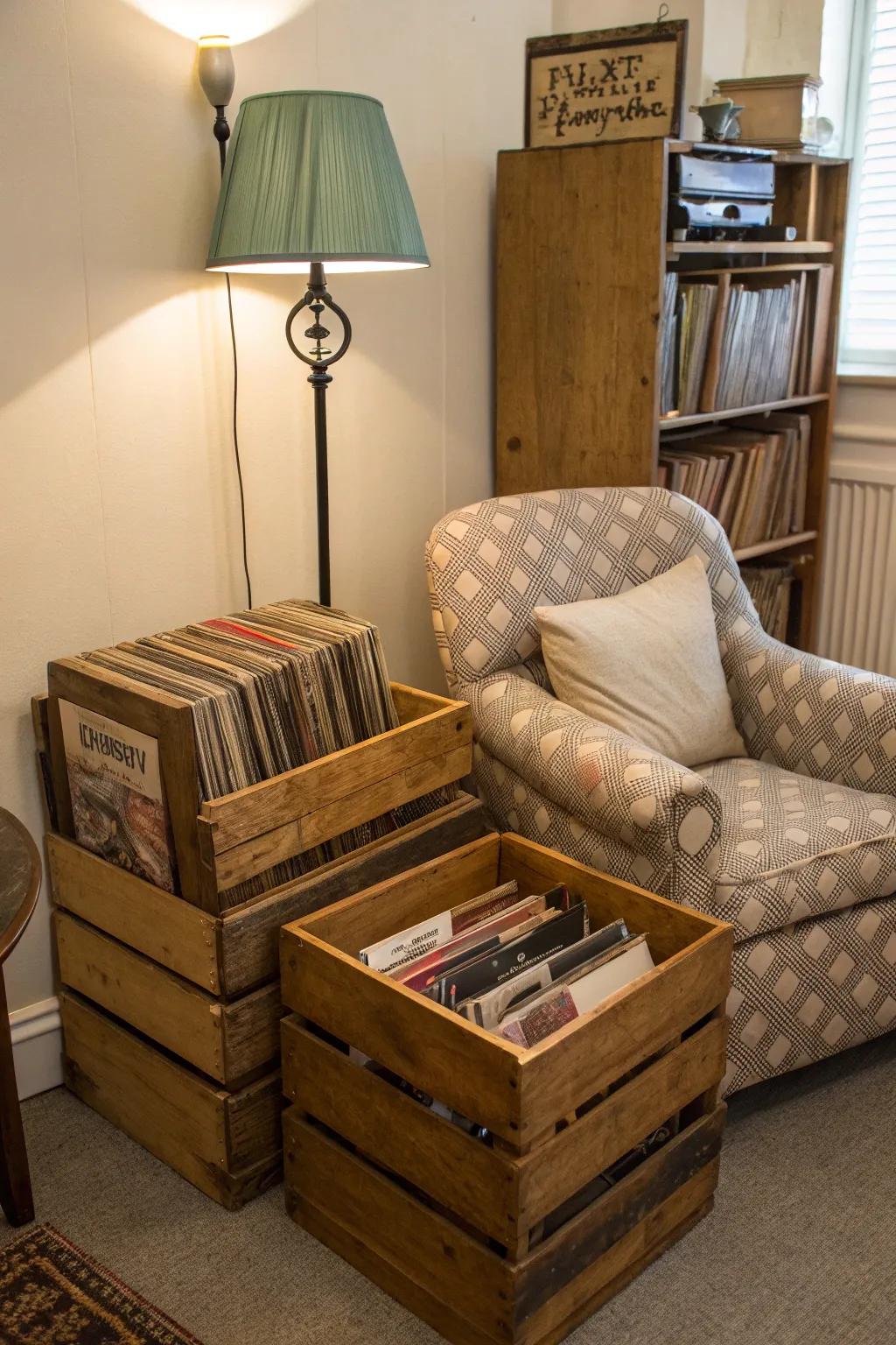 Vintage boxes impart character and utility to your vinyl display.