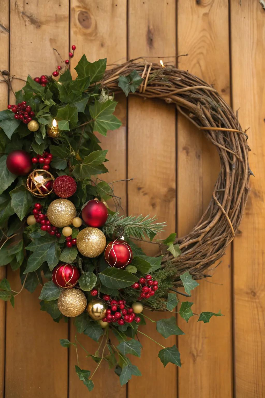 Countryside charm evoked with twig-like vine and celebratory decorations.