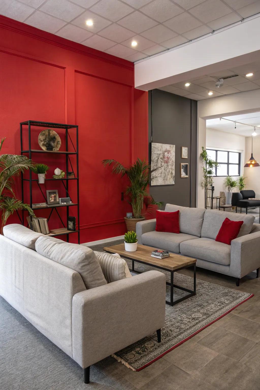 A stunning red accent wall beautifully complements the grey decor.