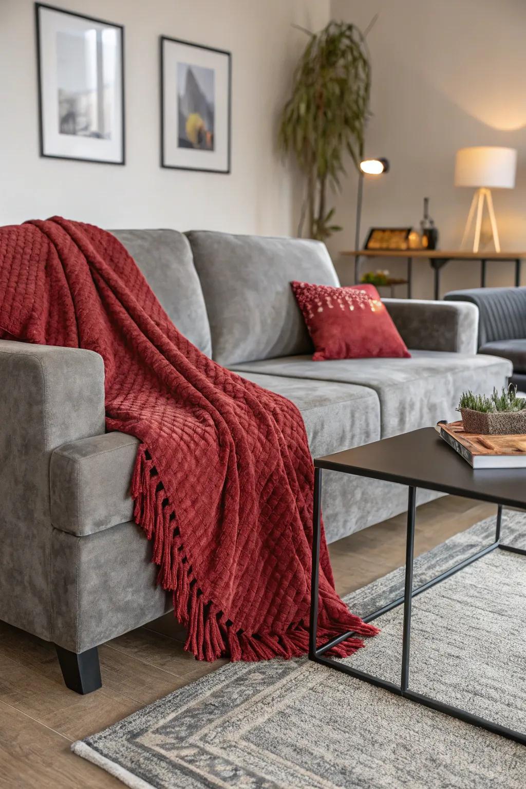 Materiality adds a luxurious dimension to this living area featuring red and gray tones.
