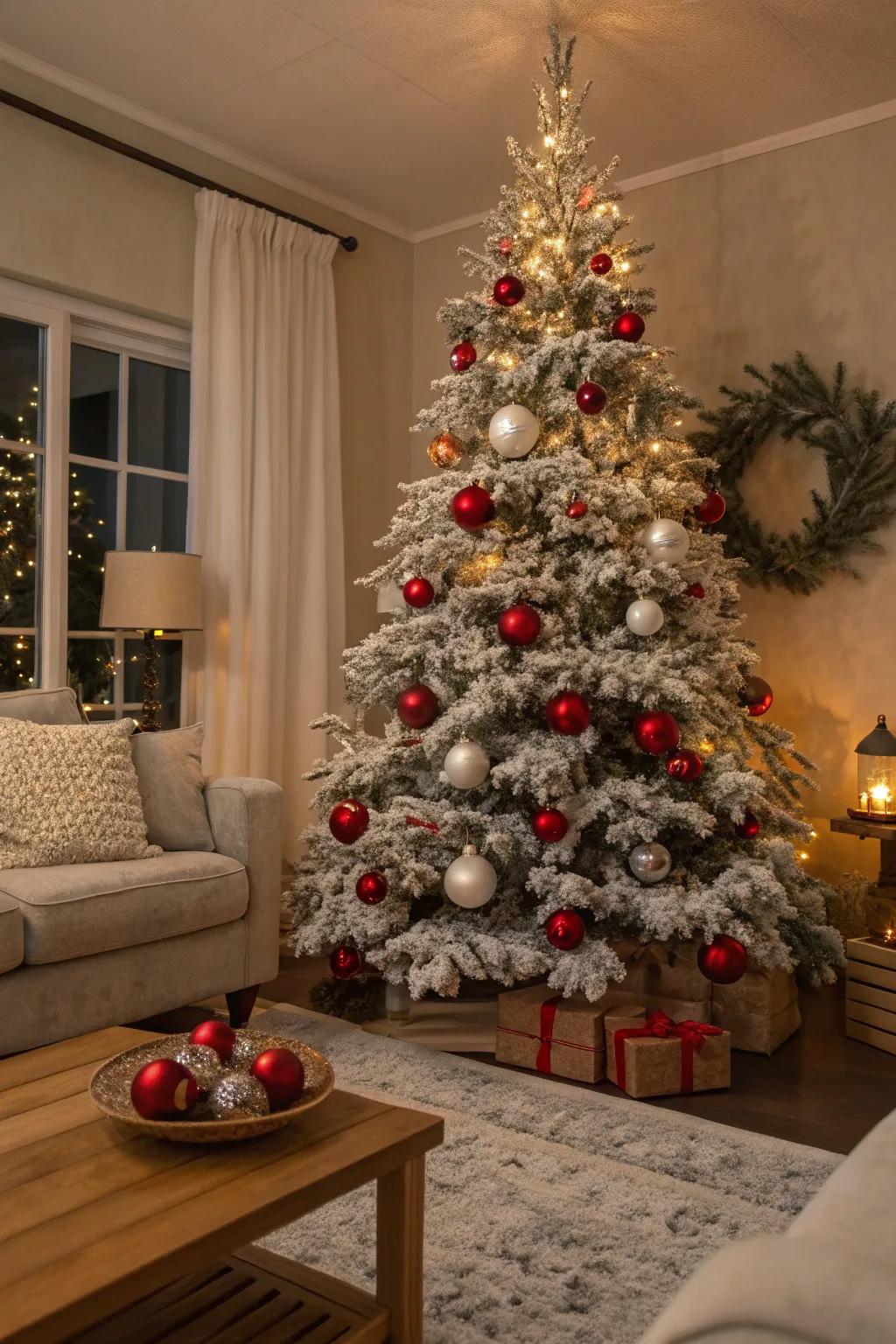 Flocked trees add a wintery charm to your festive decor.
