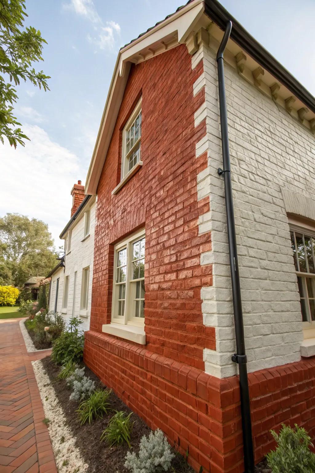 A red brick house treated with limewash, exhibiting both texture and subtle color variations.