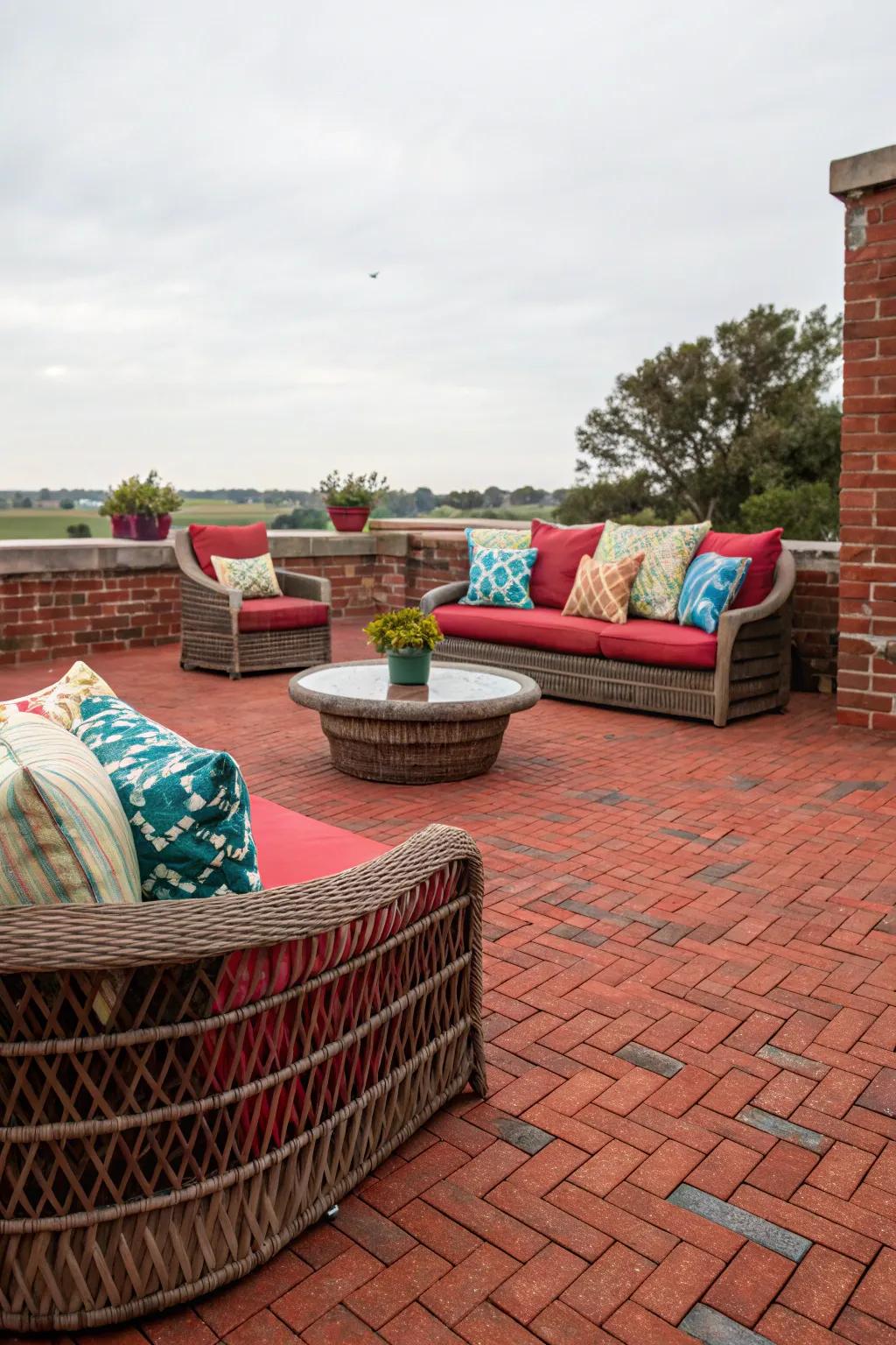 Relaxing seating arrangements set on a red brick patio