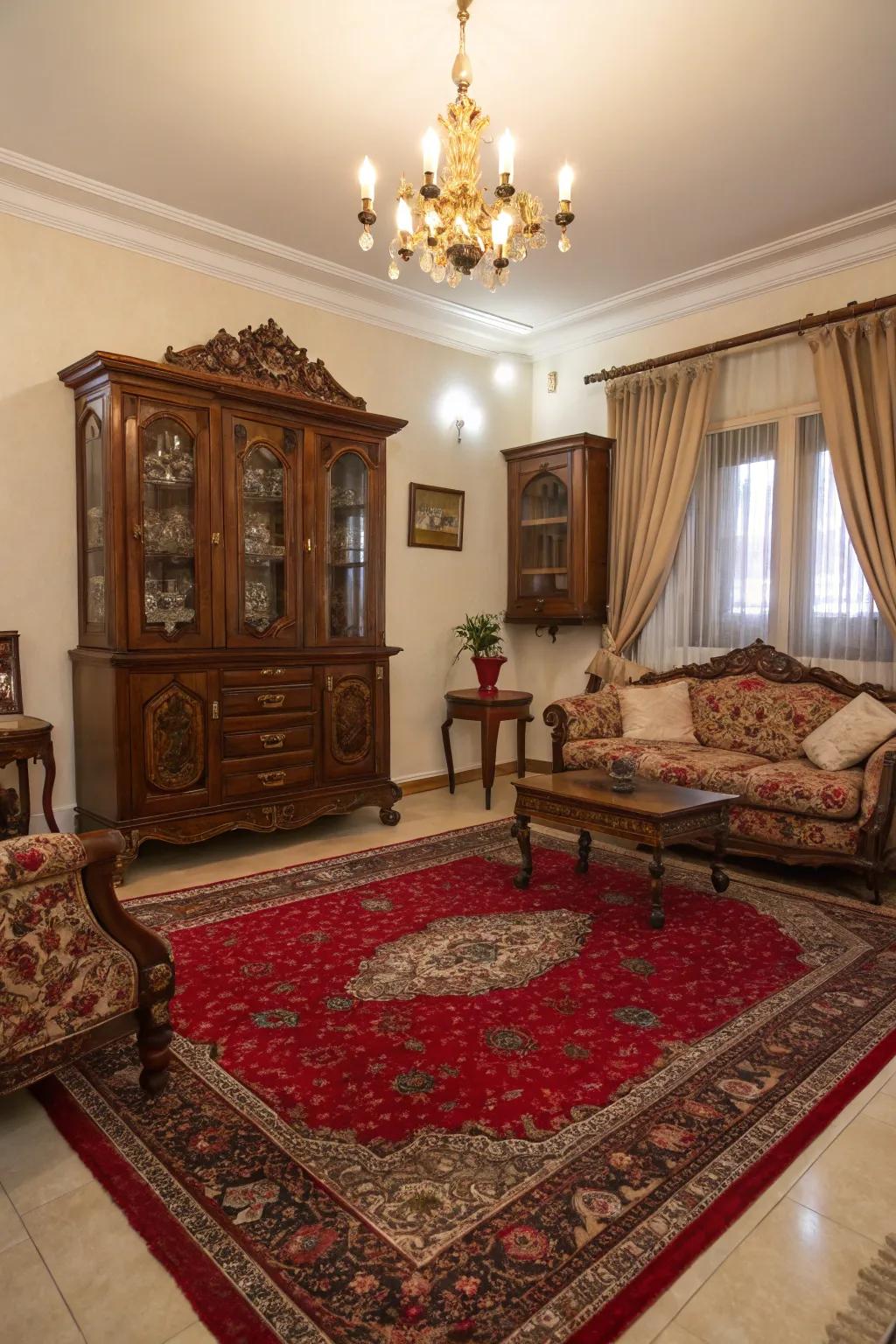 A traditionally styled lounge amplified by a scarlet rug in the style of Persia.