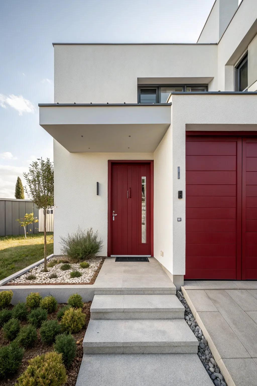 A contemporary dwelling with a dark red entrance, harmonizing warmth and simplicity.