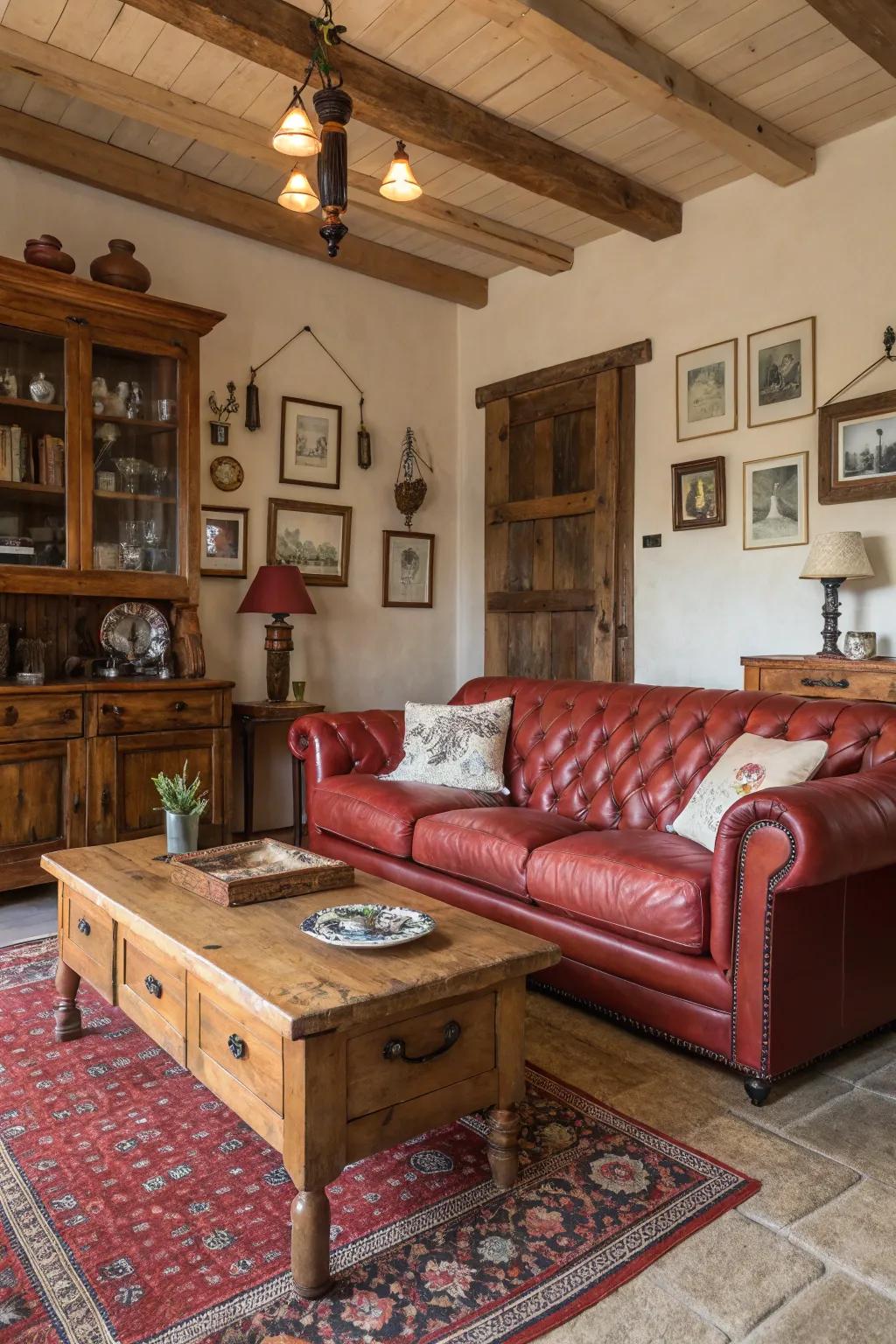 Wooden components impart comfort and appeal to a country-inspired backdrop featuring a scarlet hide settee.
