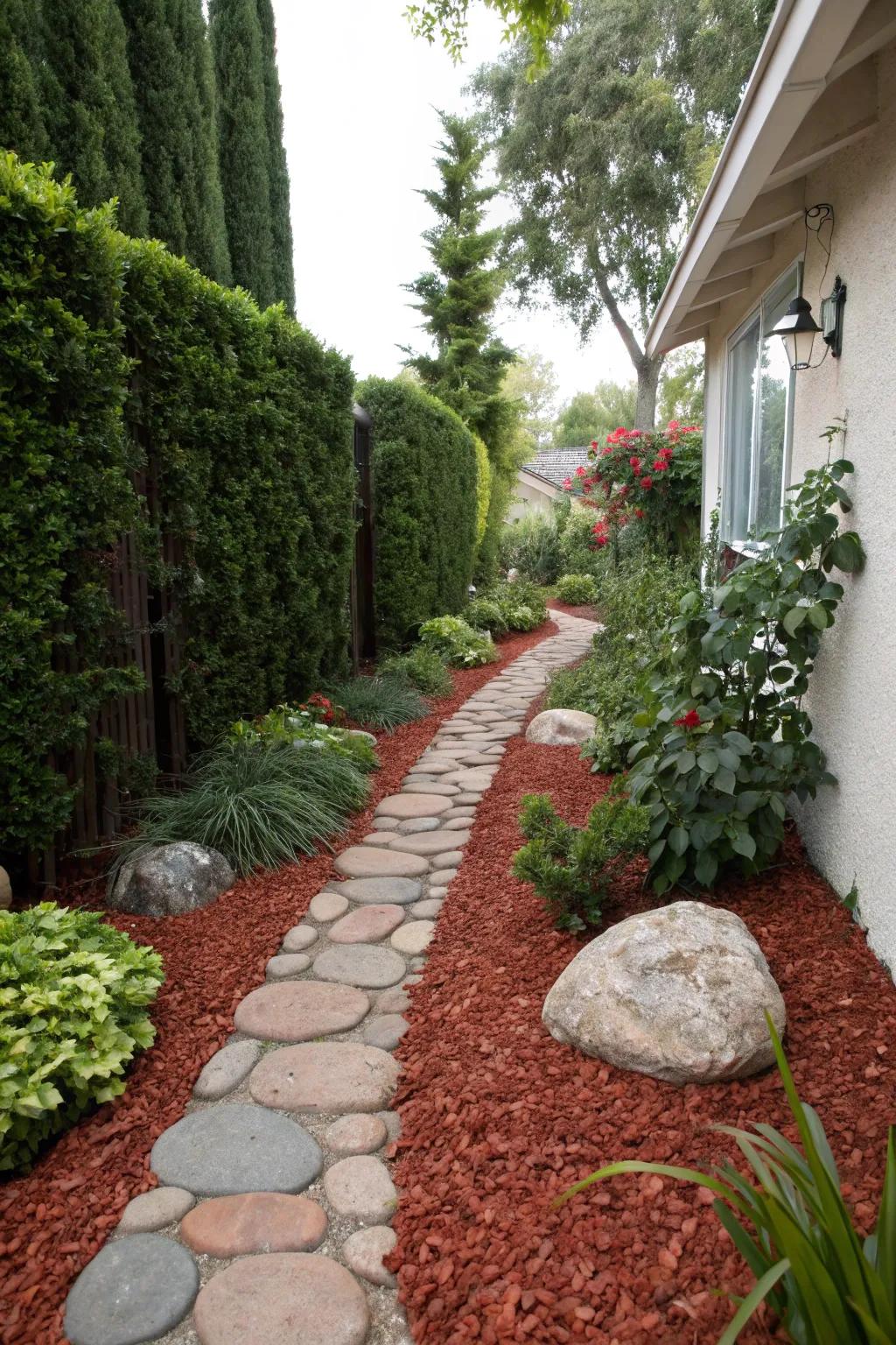 Crimson ground cover defines garden paths, adding both beauty and functionality.
