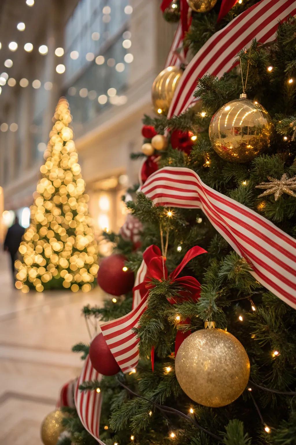 Playful ribbons give a whimsical flair to a tree decorated in red, white, and gold.