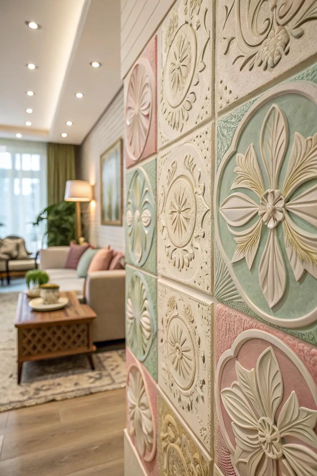 Pastel floral textured tiles fashion an enchanting living space.