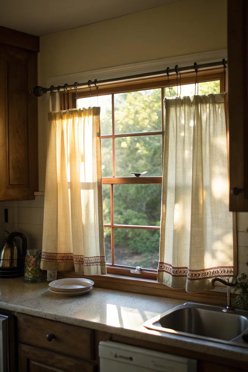 Attractive café curtains are hung with a tension rod, offering a no-drill solution.