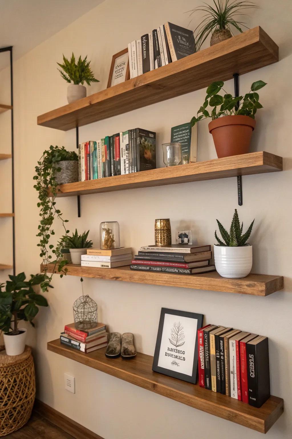 Floating shelves offer elegant storage options.