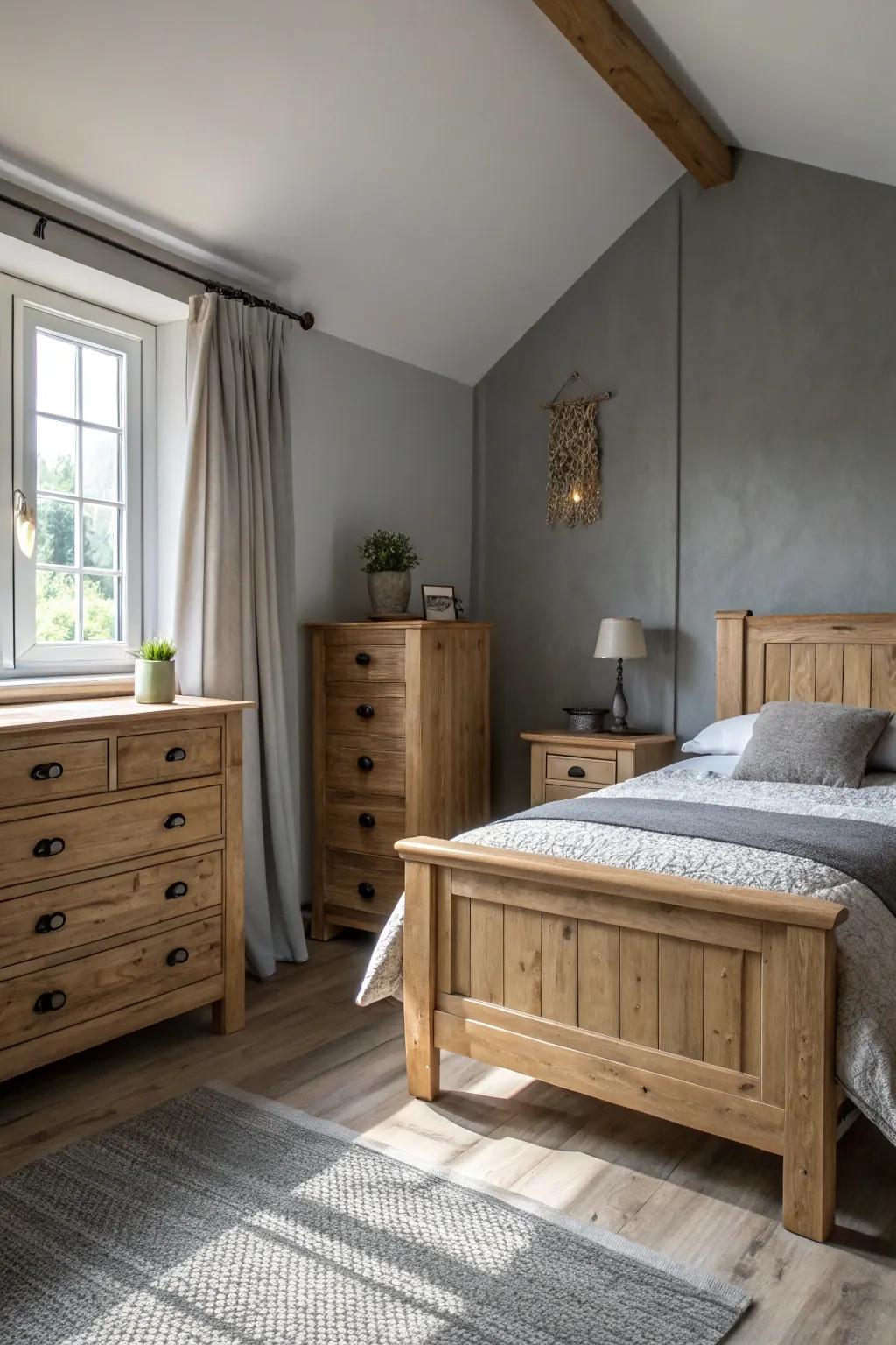 Light wood furniture offers a striking visual contrast against repose gray walls.