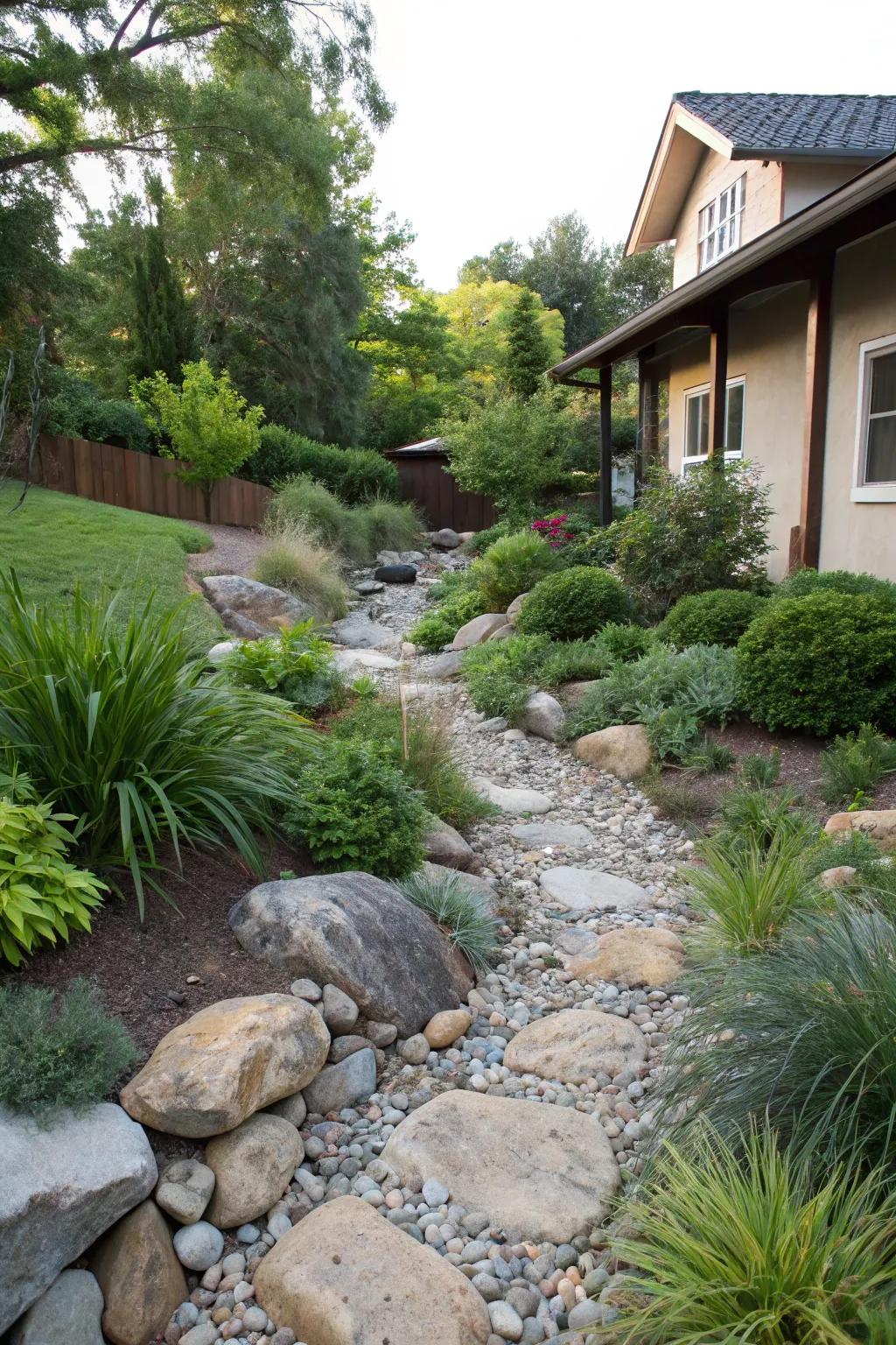 A serene dry riverbed merges aesthetic appeal with practical functionality.
