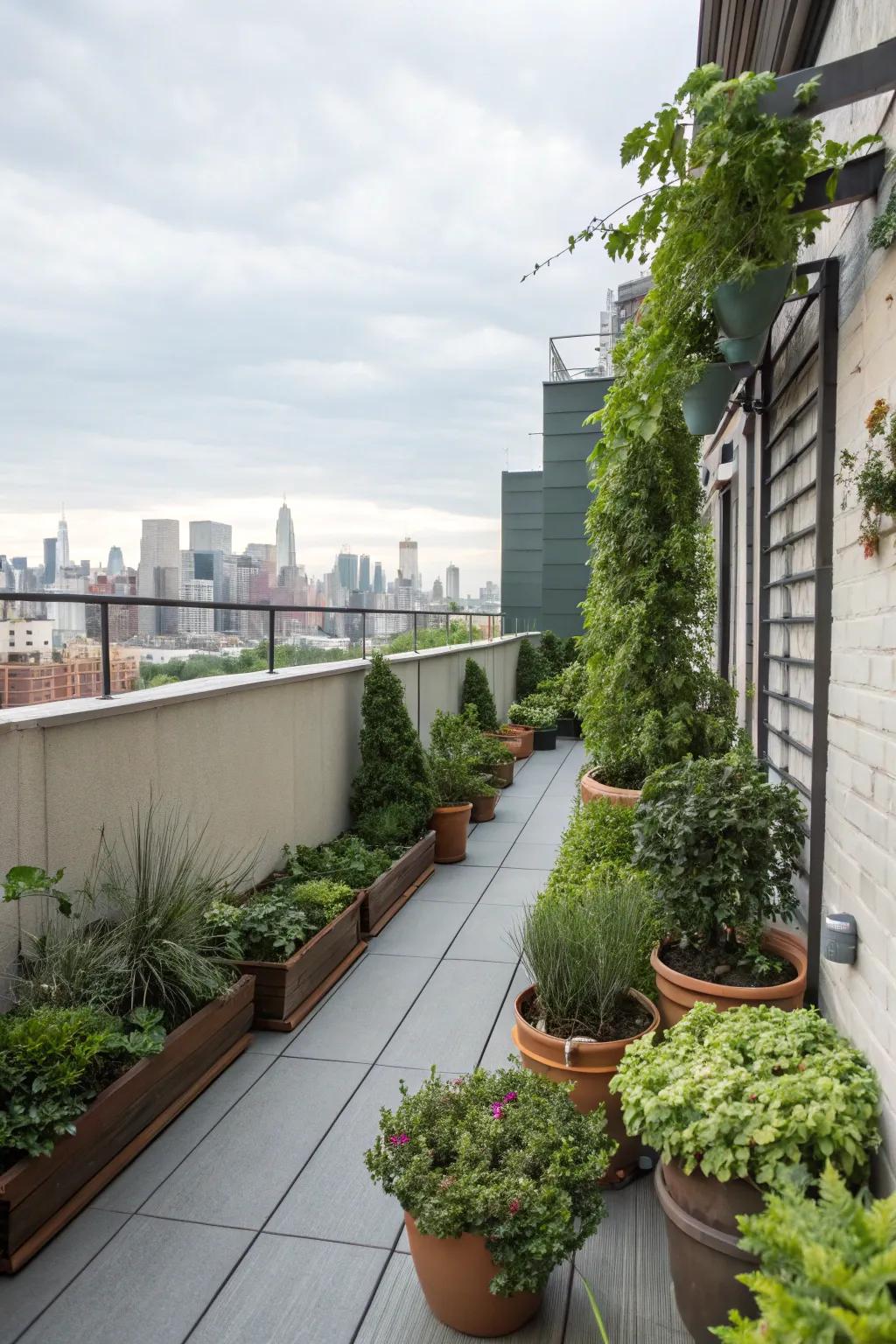 Introduce nature to your rooftop deck by integrating assorted potted plants and vertical gardens.