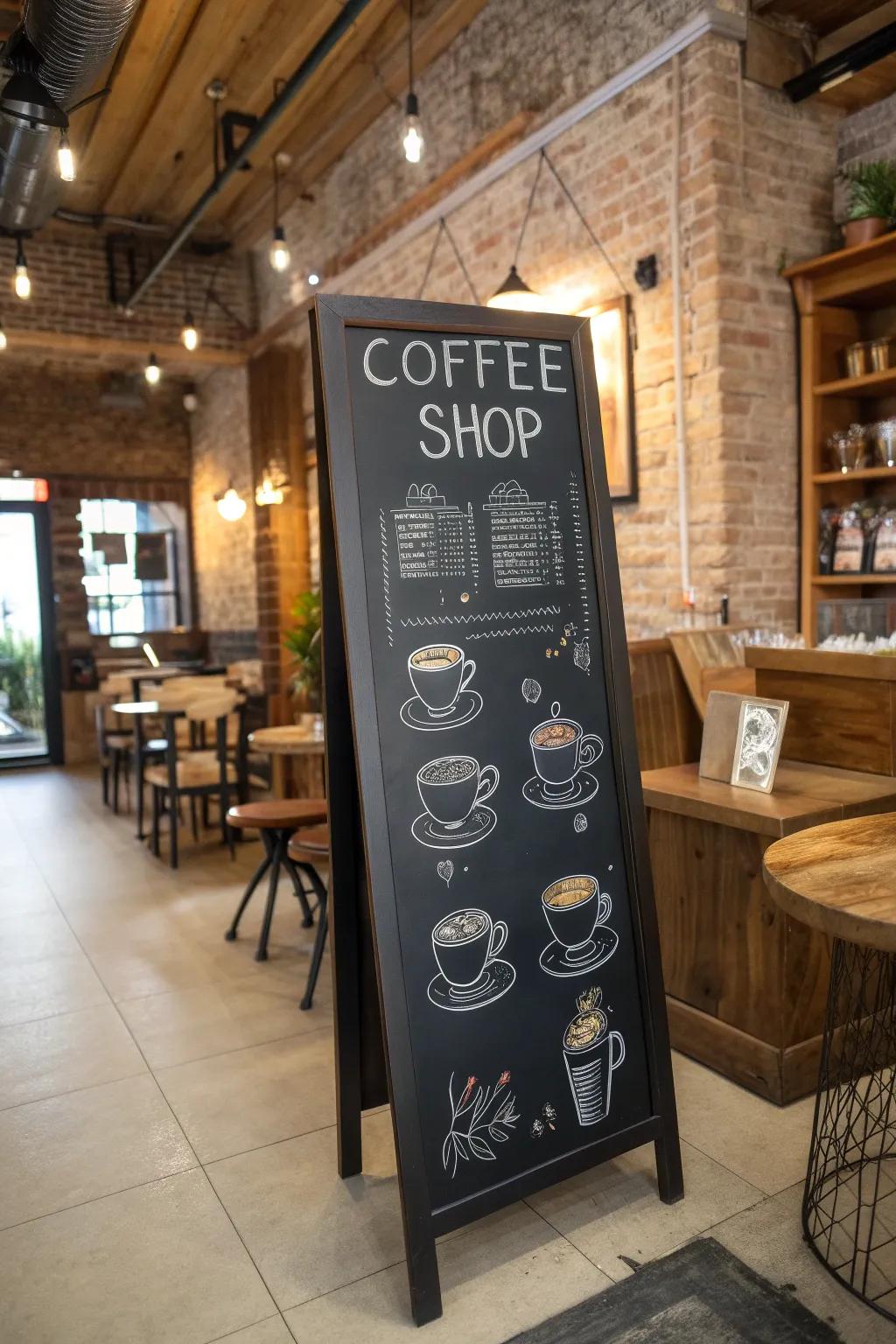 An adorable coffee-themed chalkboard with artistic illustrations of cups and coffee selections.
