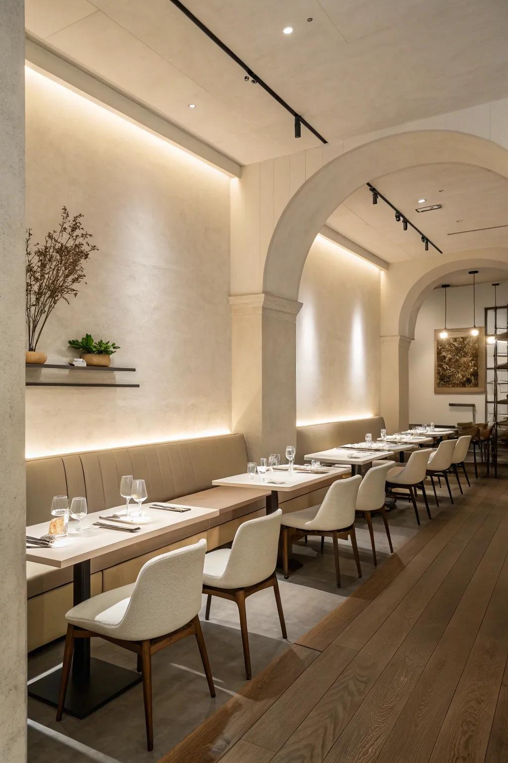 Sleek minimalism creates a sophisticated and spacious dining environment.