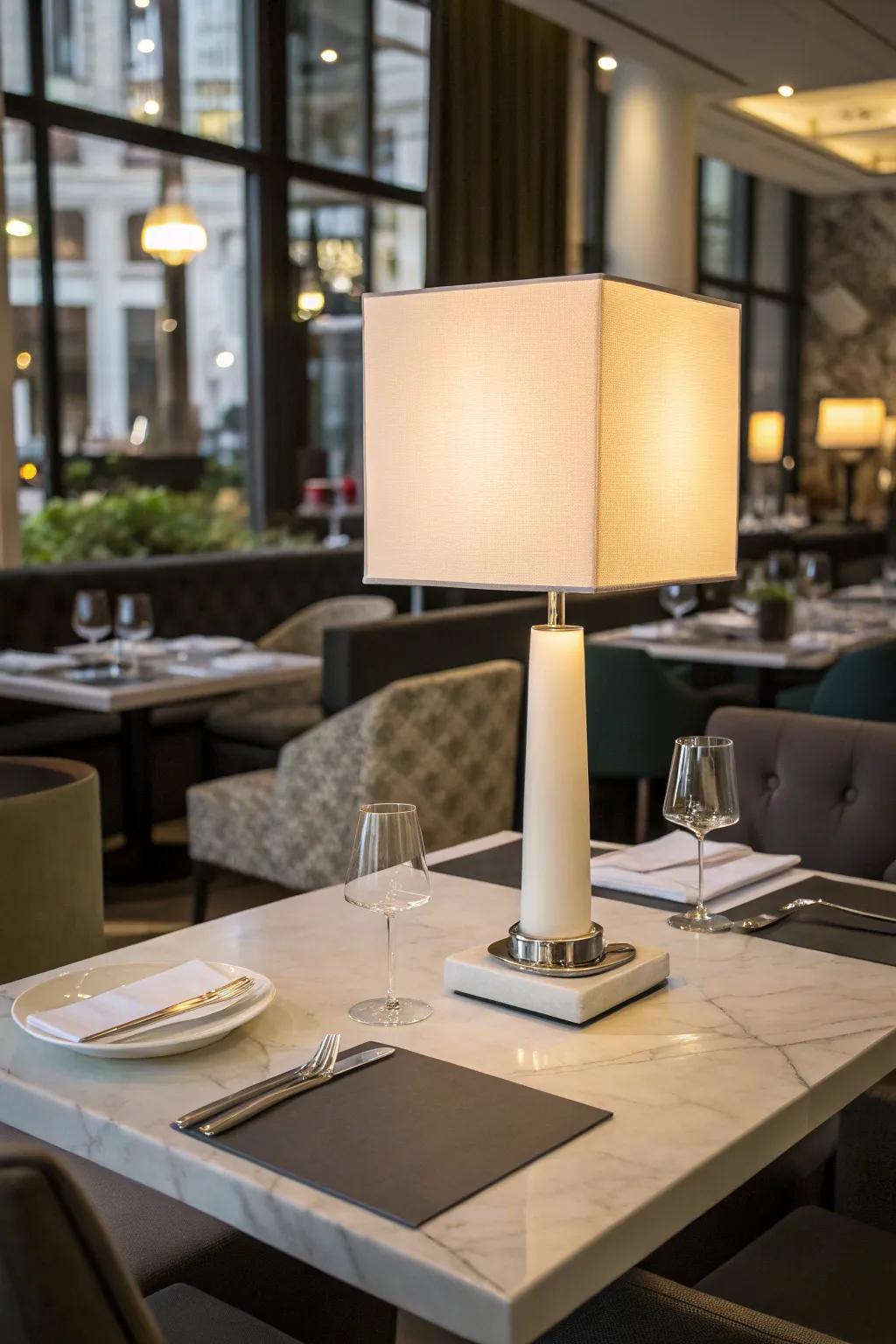 Modern minimalist table lamp placed on a polished restaurant table with contemporary decoration.