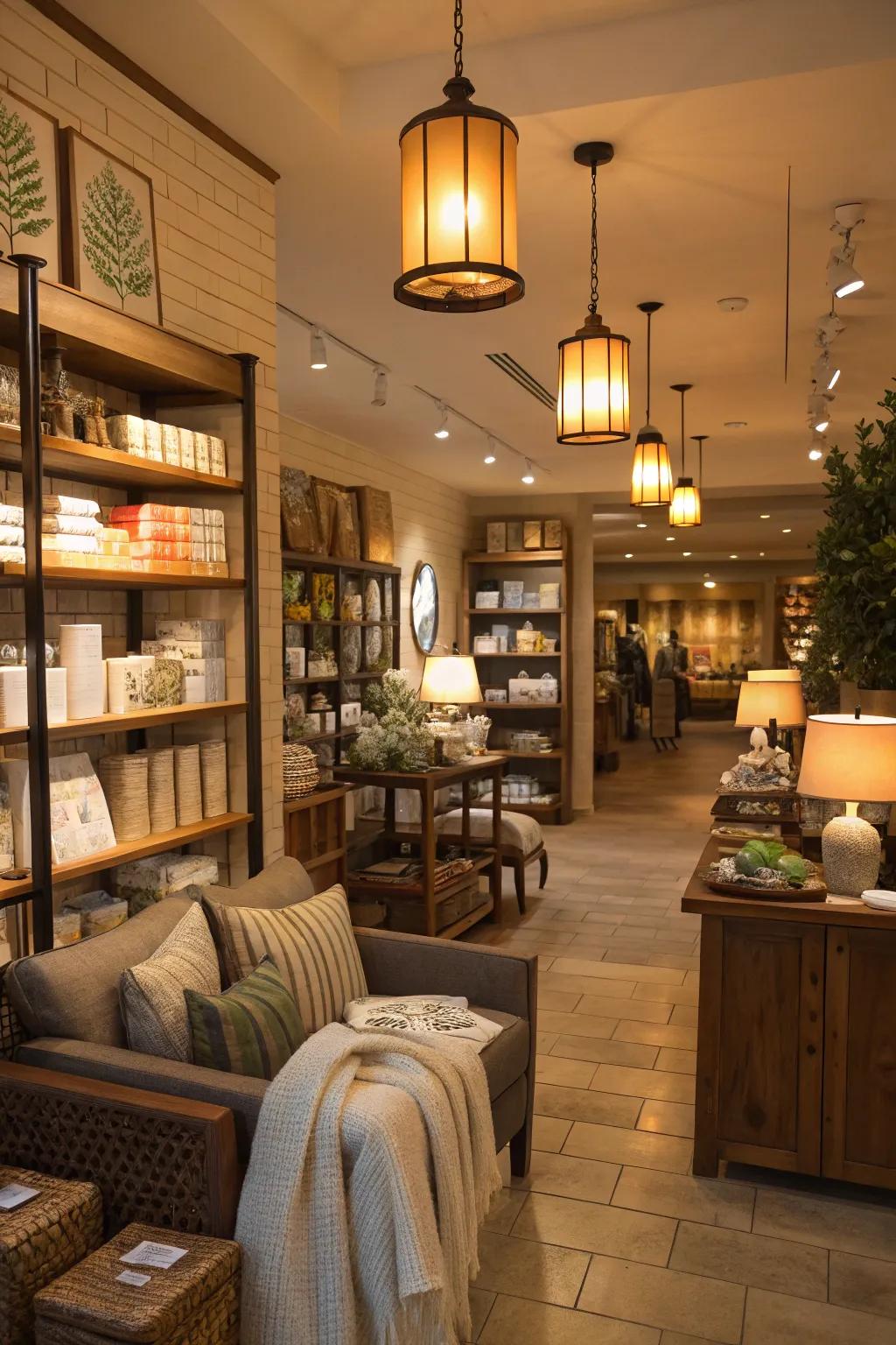 Ambient lighting giving off a cozy glow in a retail space.